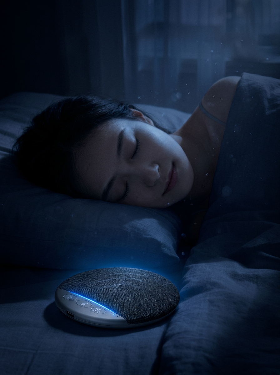 Person resting peacefully with the Fairmaz speaker glowing softly nearby